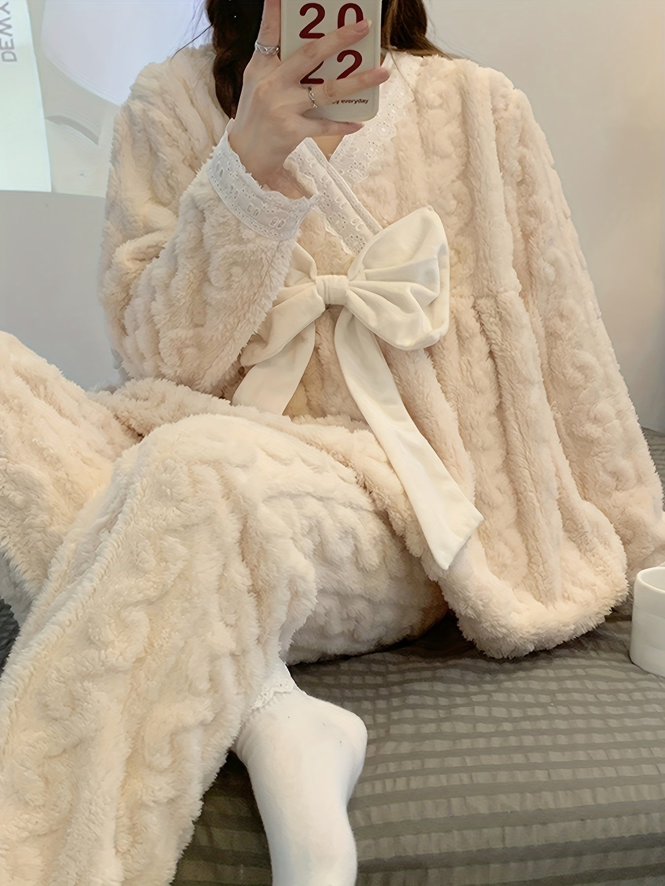 Plush Bow Sleepwear Set Women's Lingerie