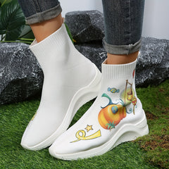 Women's Halloween Pumpkin Print Stretch Sock Boots