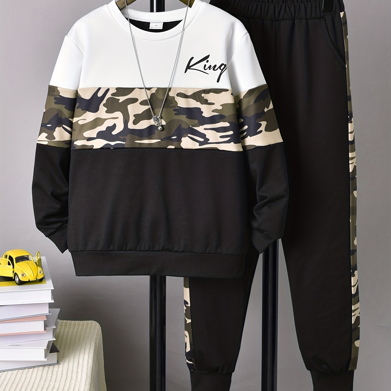 Boy's KING Print Outfit 2pcs Sweatshirt & Sweatpants Set for Spring Fall