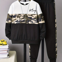 Boy's KING Print Outfit 2pcs Sweatshirt & Sweatpants Set for Spring Fall
