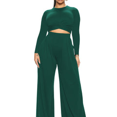 Solid Two Piece Set Crop Top & Wide Leg Pants Outfits Women's Clothing