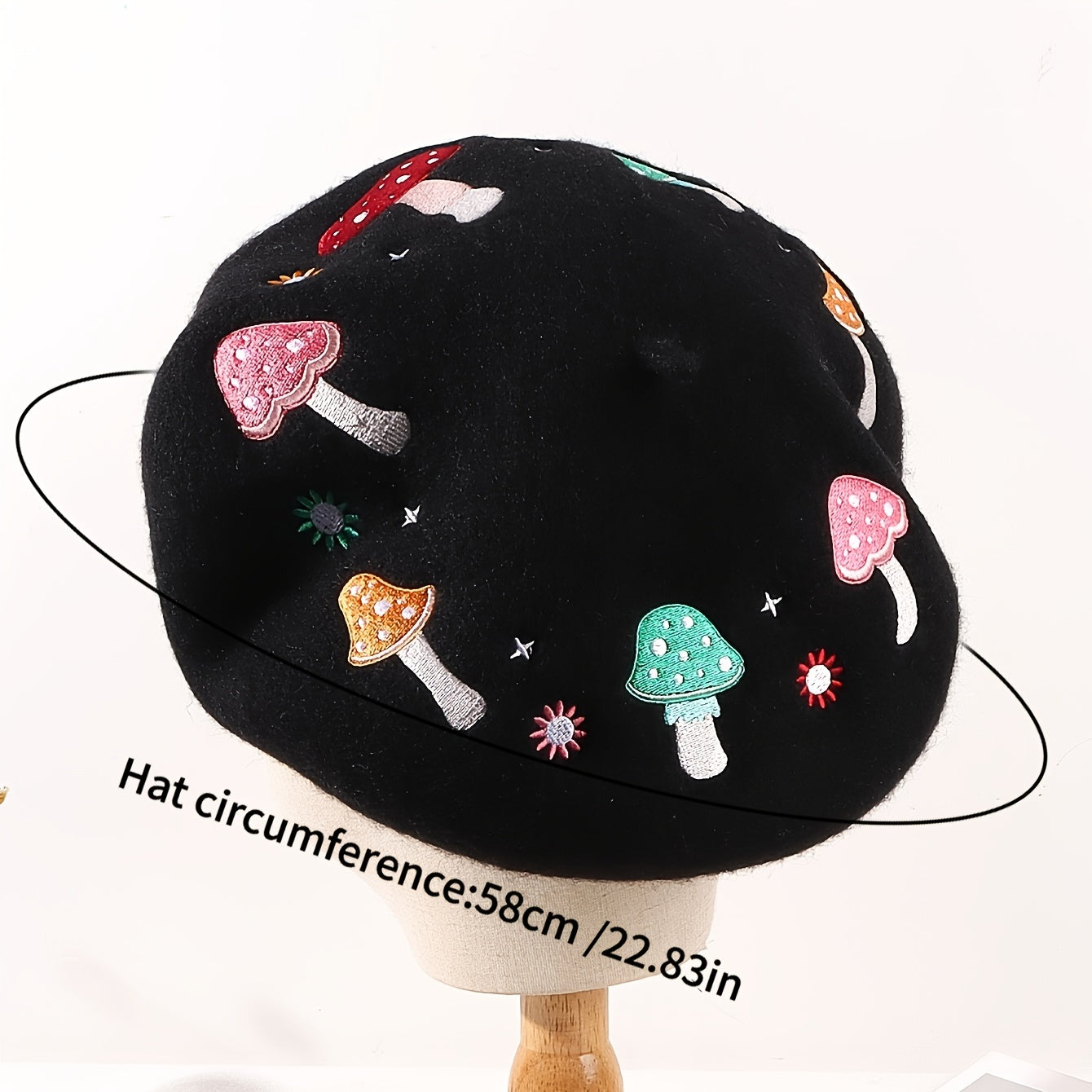 Mushroom Embroidery Wool Beret Art Painter Hat Women's Autumn Winter