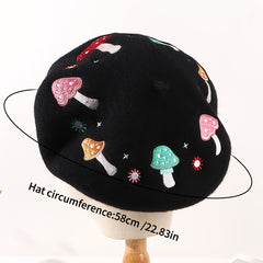Mushroom Embroidery Wool Beret Art Painter Hat Women's Autumn Winter