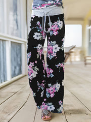 Flower Print Loose Pants Casual Lace up High Waist Wide Leg