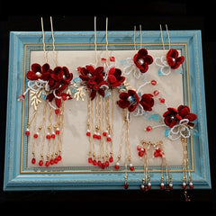 Vintage Red Velvet Flowers Beaded Hairpins Tassel Hair Clips