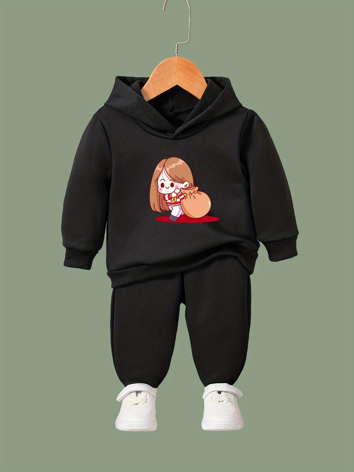 Girls Cartoon Girl Print Hooded Sweatshirt Top Sweatpants Set