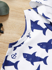 2pcs Shark Graphic Boys Hooded Tank Top&Shorts Set