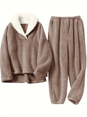Cozy Thermal Flannel Loungewear Set Long Sleeve Top & Pants