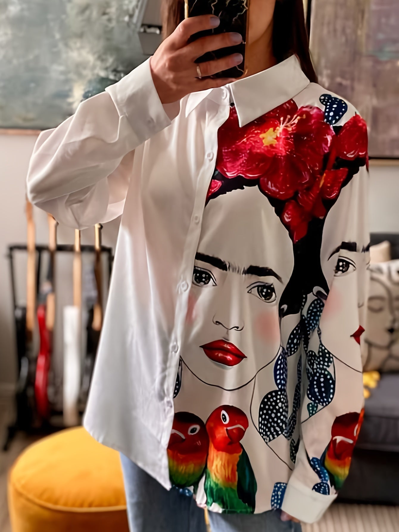Colorblock Figure Print Button Up Blouse