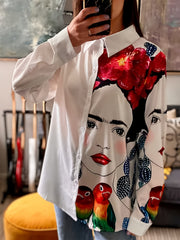 Colorblock Figure Print Button Up Blouse