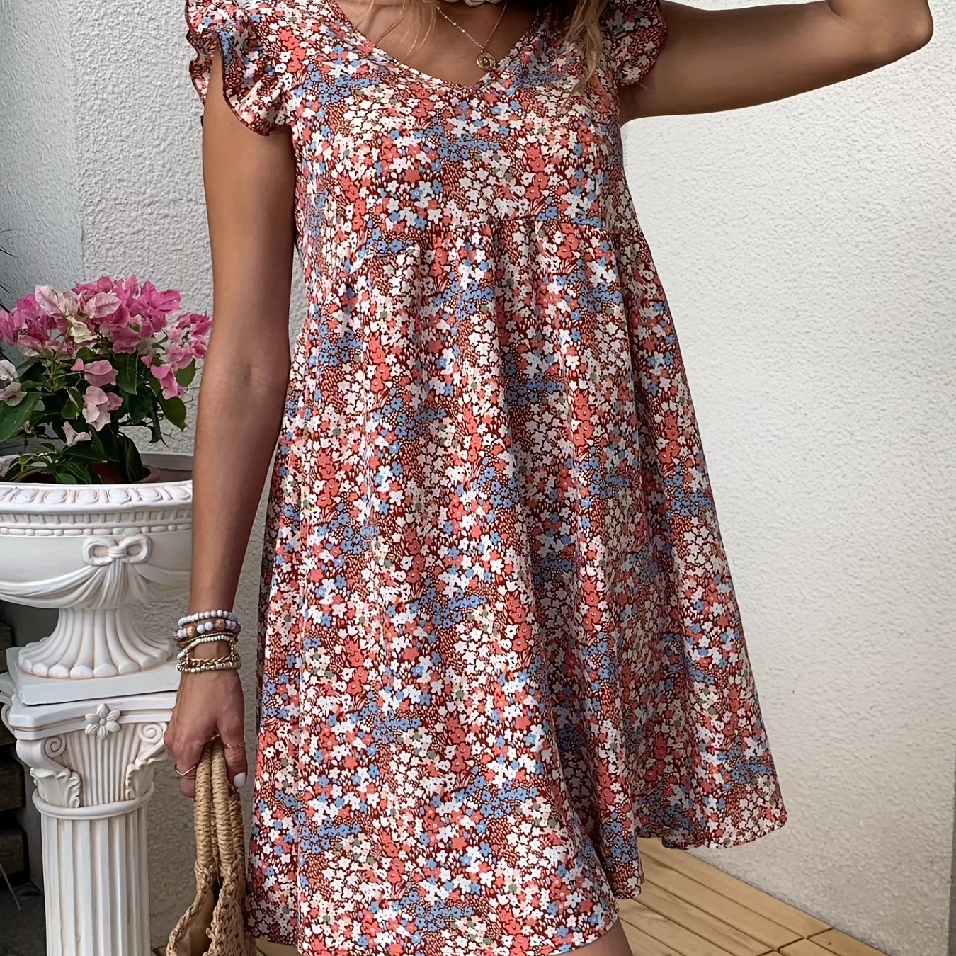 Floral Print Dress Ruffle Trim V Neck Sleeveless Boho Dress