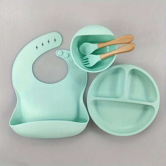 Silicone Baby Tableware Set Non Slip Feeding Bowl Plates Spoons Straw Cup