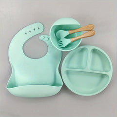 Silicone Baby Tableware Set Non Slip Feeding Bowl Plates Spoons Straw Cup