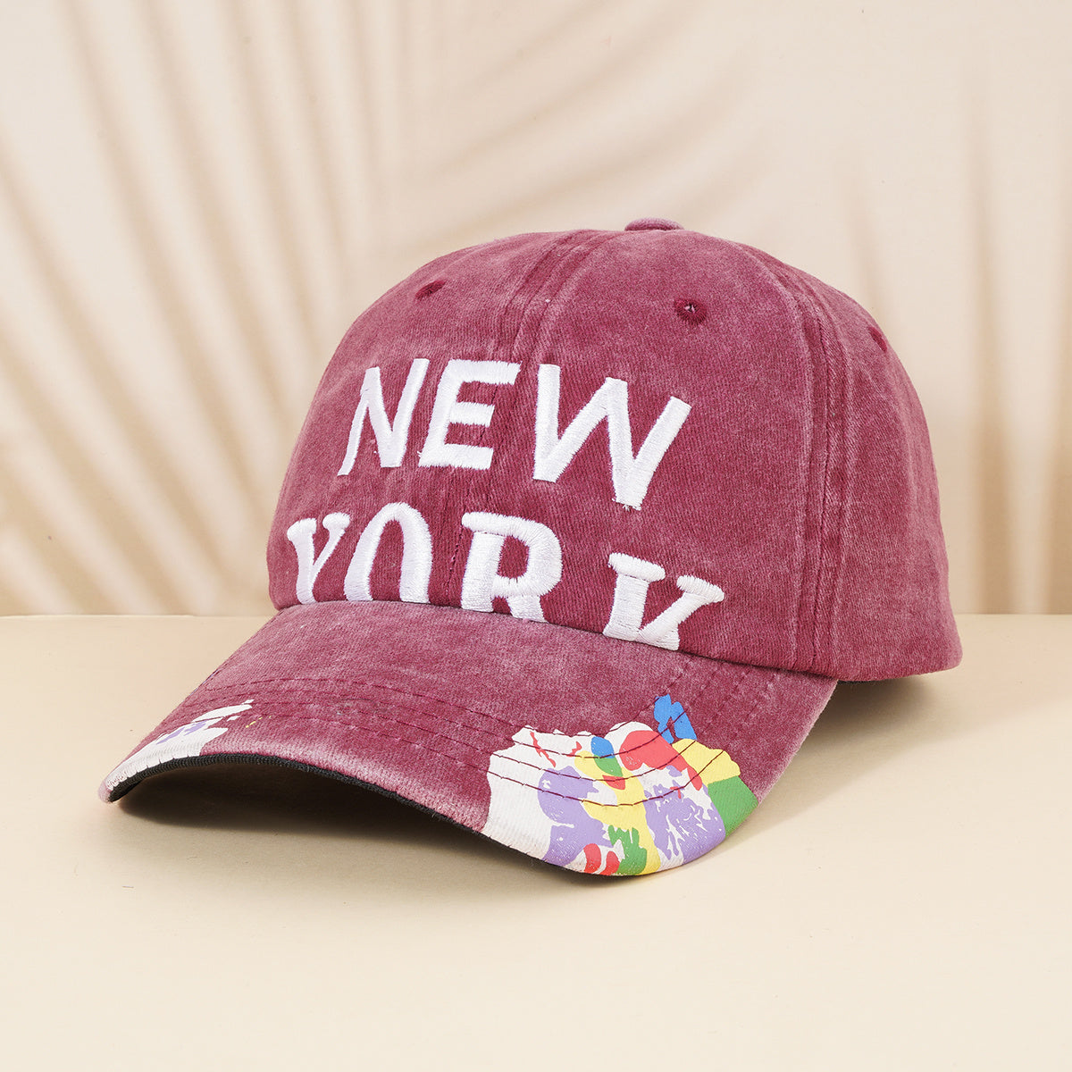 Distressed Baseball Cap York Embroidery Print Adjustable Sun Hat