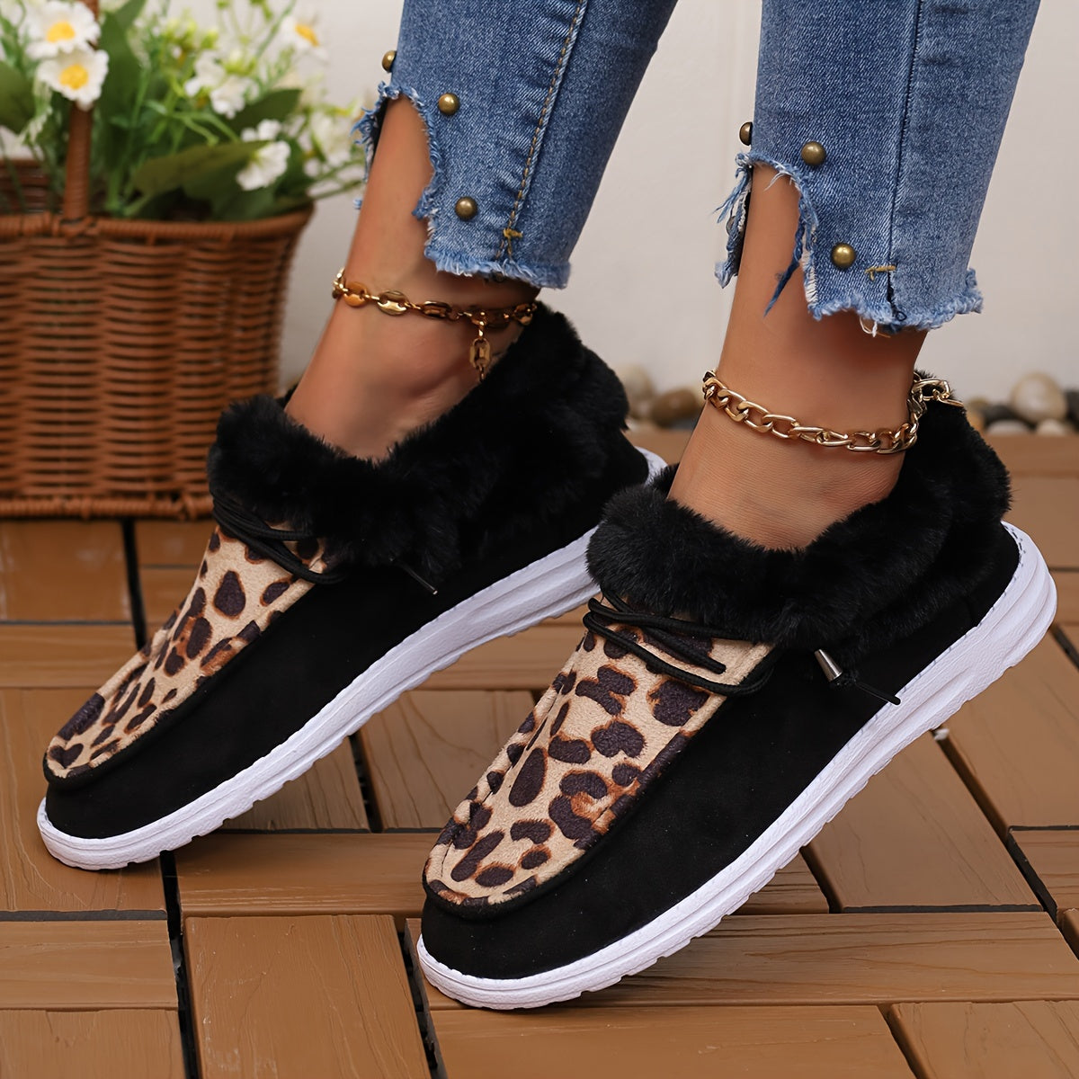 Leopard Slip On Low Top Round Toe Lace Up Casual Shoes