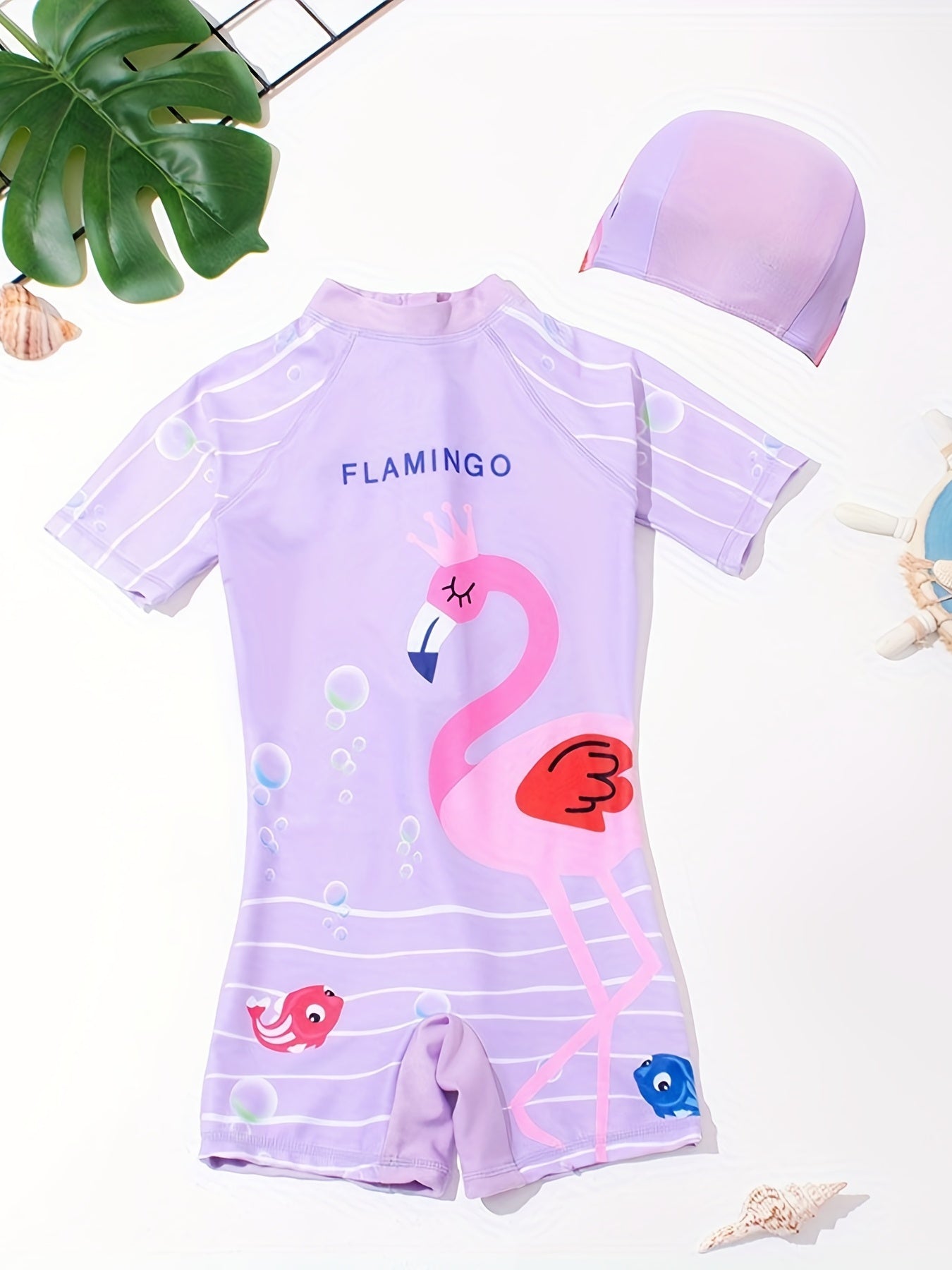 Flamingo Print Girls One Piece Swimsuit Short Sleeve Zipper Round Neck