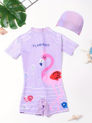 Flamingo Print Girls One Piece Swimsuit Short Sleeve Zipper Round Neck