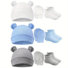 3 Piece Baby Outfit Set Ears Hat Mittens Non Slip Socks Soft Cotton Material