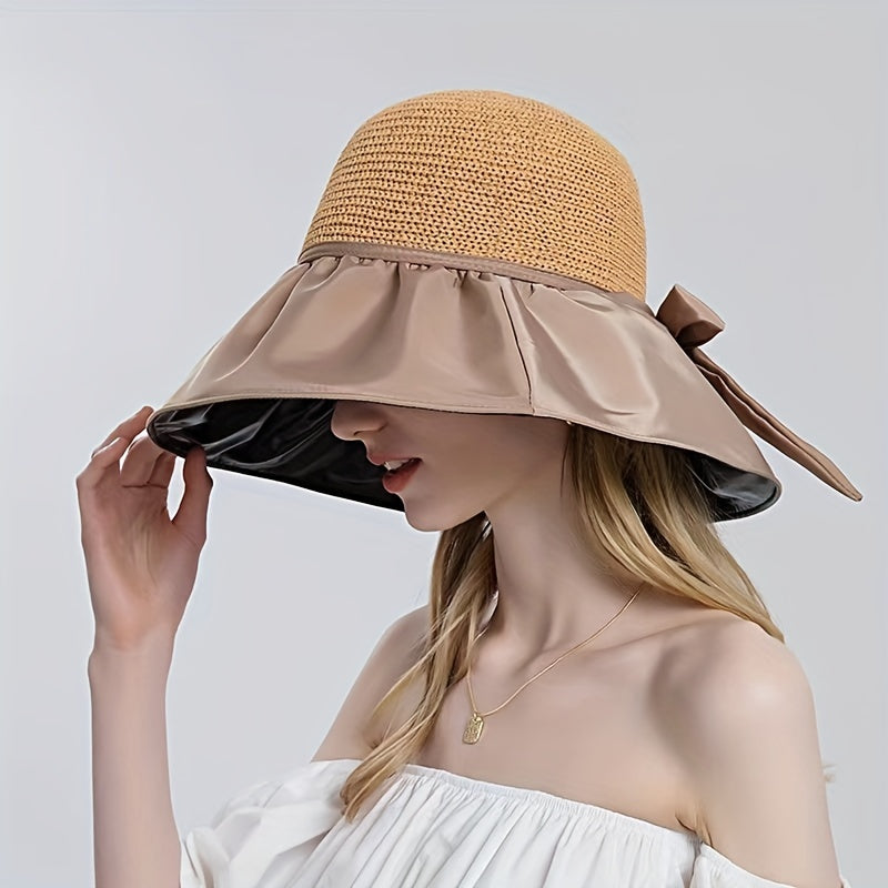 Women Bowknot Beach Sun Hat Wide Brim Visor Hat