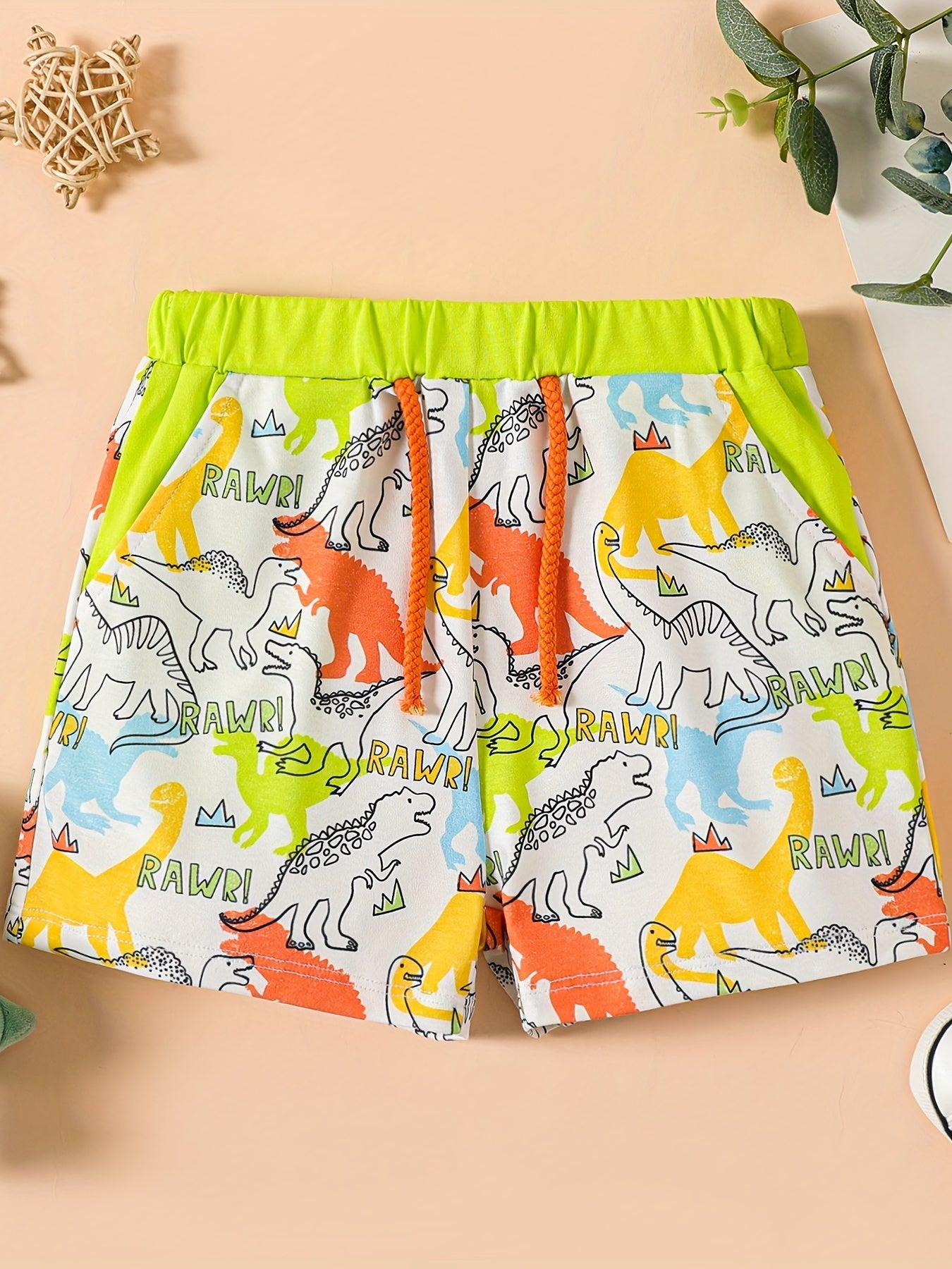 Cartoon Dino Print Boys Elastic Waist Shorts for Summer