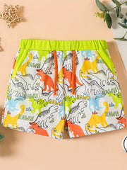 Cartoon Dino Print Boys Elastic Waist Shorts for Summer