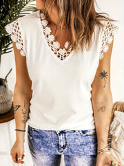 Floral Lace Trim Ribbed Tank Top V Neck Sleeveless Summer Top
