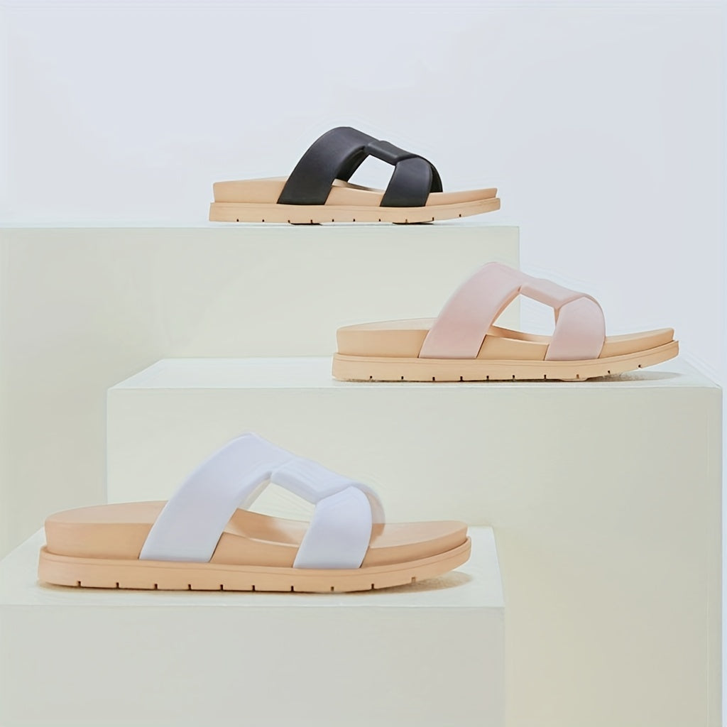 Women's Cross Strap Flat Slides Open Toe Solid Slip On Shoes