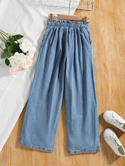 Kid Girls' Tie Waist Wide Leg Denim Trousers for Outwear