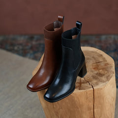 Square Toe Mid Calf Chunky Heeled Boots