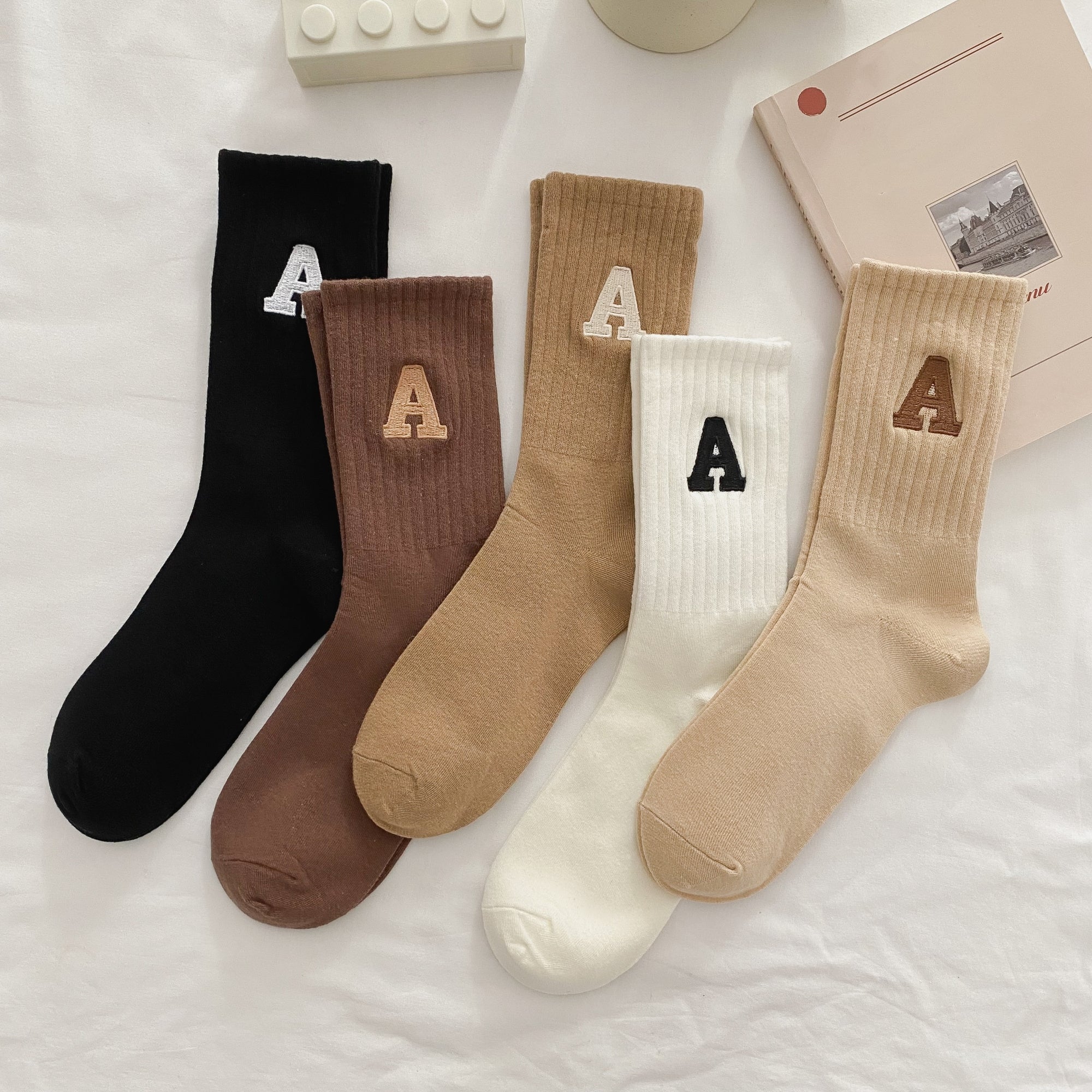 5 Pairs A Embroidery Socks Comfy Cotton Mid Tube Stockings