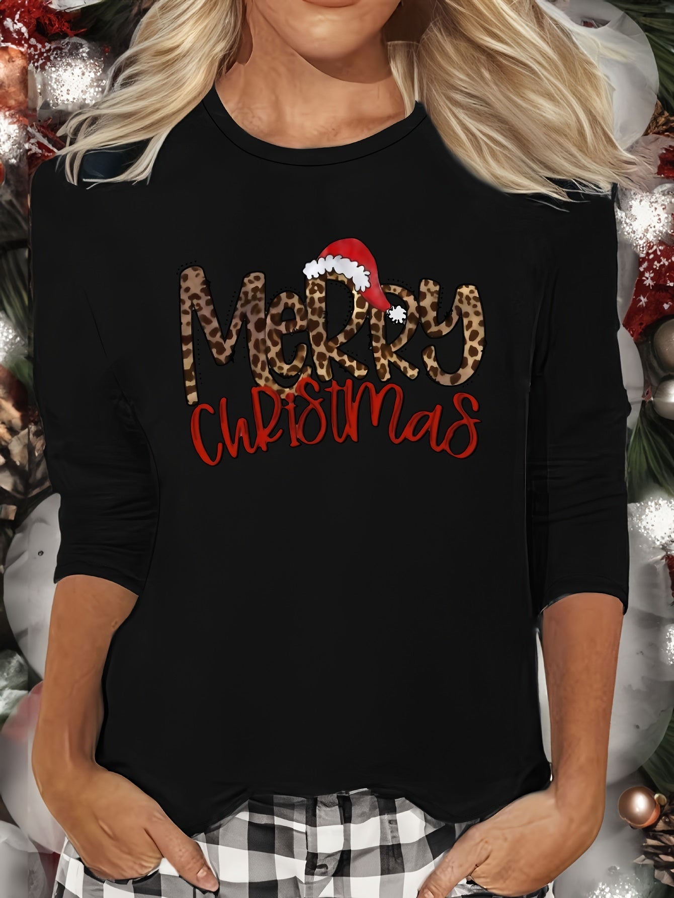Christmas Letter Print Lounge Tops Long Sleeve Crew Neck Top