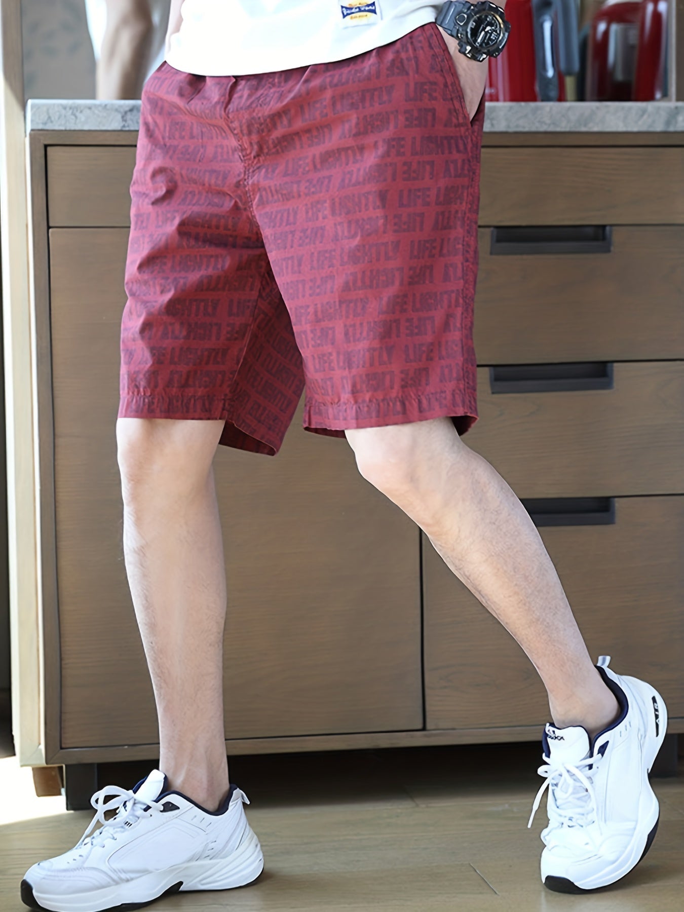 Letter Print Beach Shorts Men's Elastic Waist Drawstring Shorts