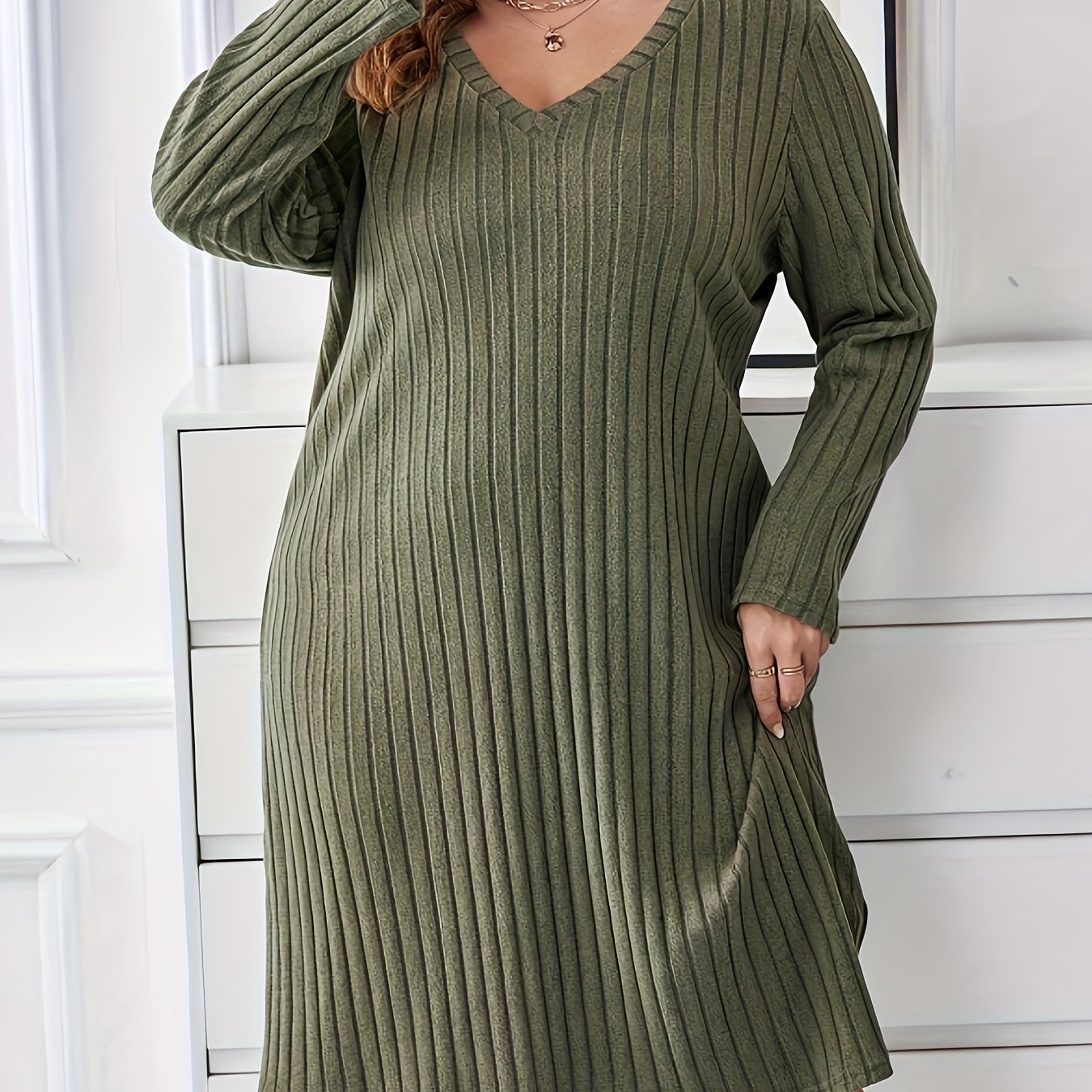 Solid Long Sleeve V Neck Ribbed Knit Sleep Dress