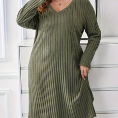 Solid Long Sleeve V Neck Ribbed Knit Sleep Dress