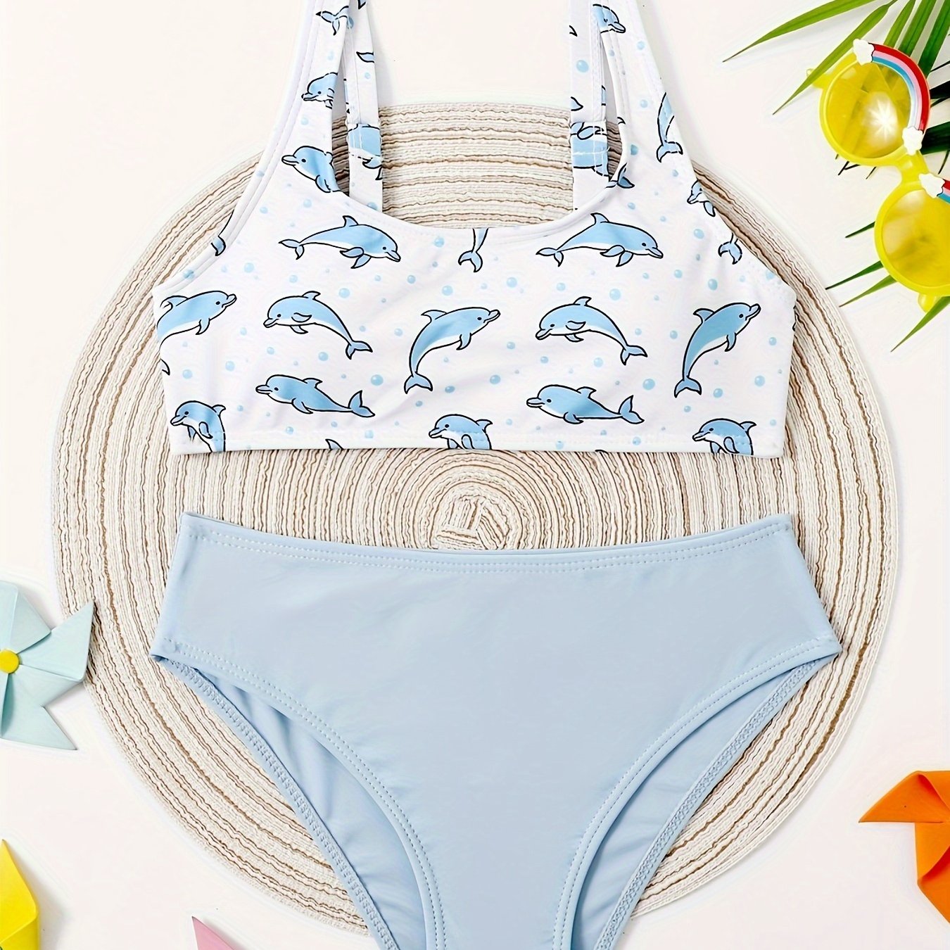 Girls Dolphin Graphic Top Solid Briefs Set for Hawaii Vacation