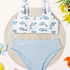 Girls Dolphin Graphic Top Solid Briefs Set for Hawaii Vacation