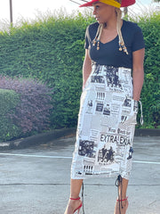 Newspaper Print Drawstring Skirt Bodycon Sexy Pocket High Waist Bottom