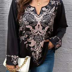 Paisley Print Long Sleeve Notched Neck Tunic