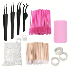 Eyelash Extension Kit with Tweezers Set, Mascara Brush & Swabs