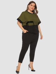 Colorblock Short Sleeve Tee & Cropped Pants Set Plus Size