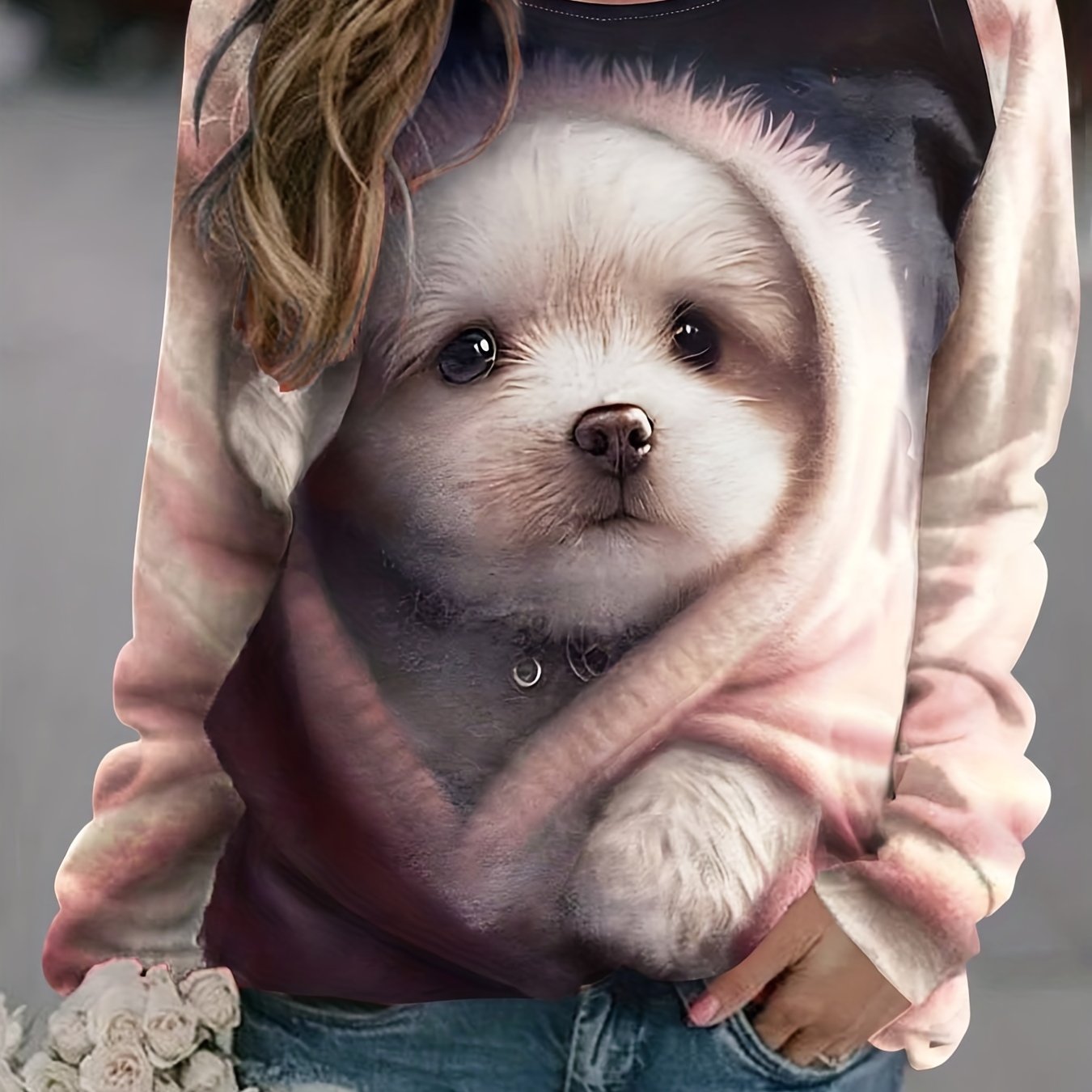 Dog Print Sweatshirt Casual Long Sleeve Crew Neck Sweatshirt Women's Clothing