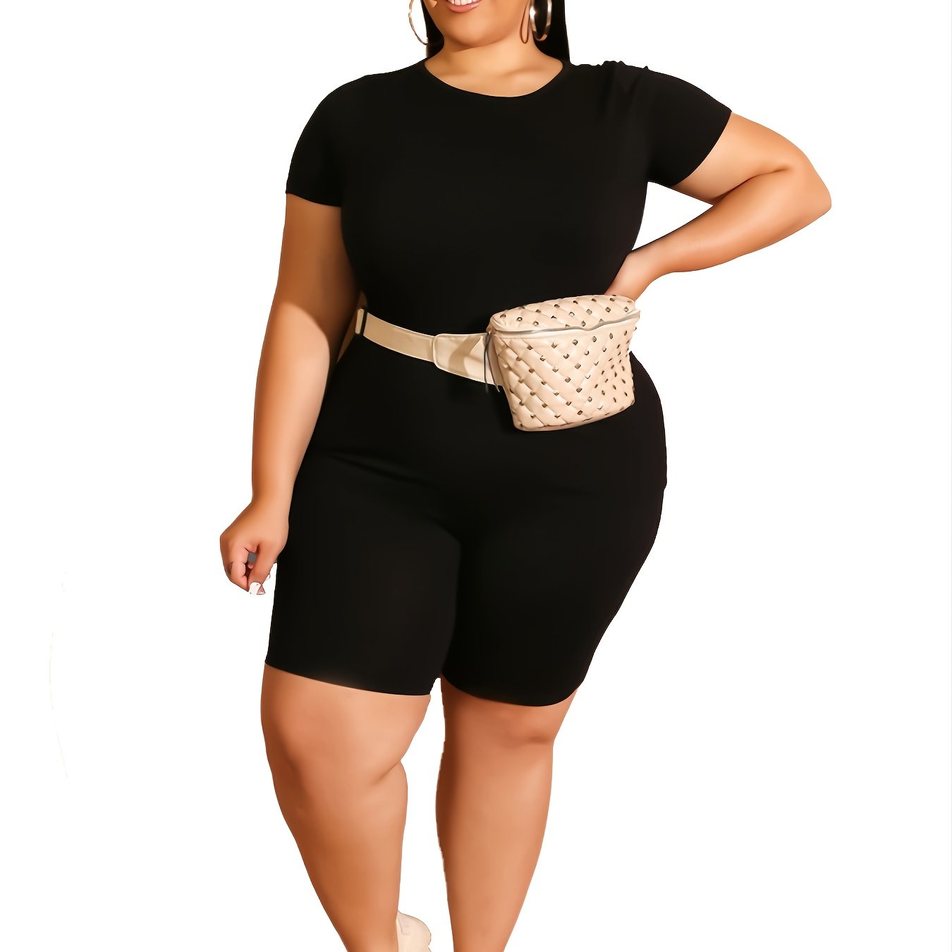Solid Top & High Waist Skinny Shorts Set Women's Plus Co ords
