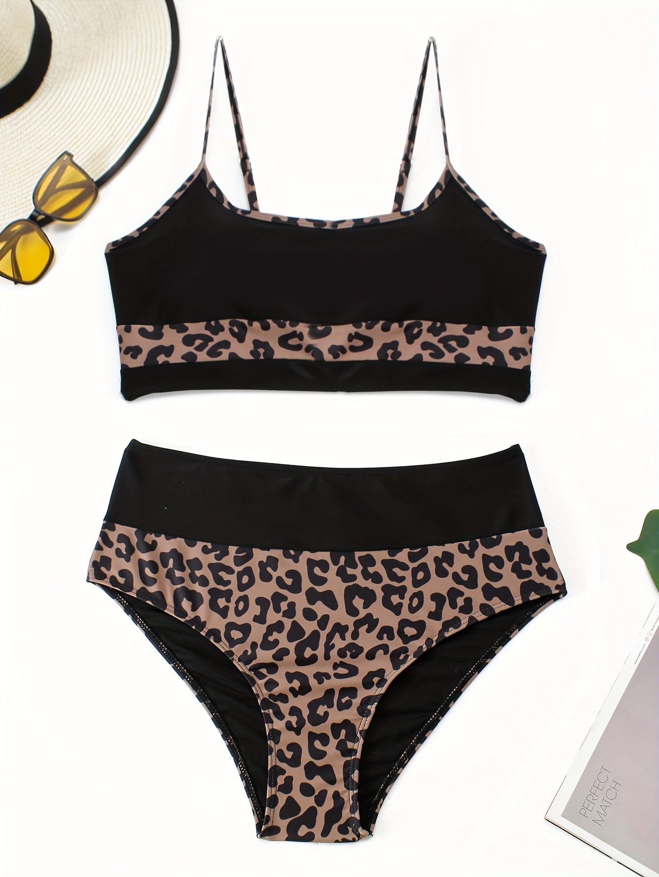 Leopard Print Bikini Set Women's Scoop Neck Swimsuit Two Piece