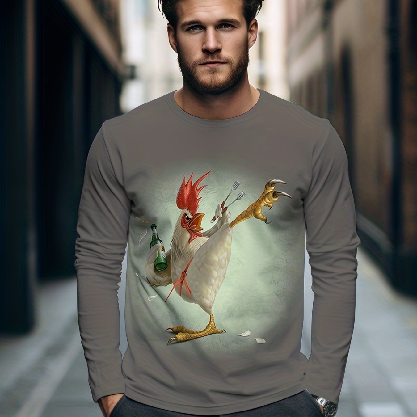 Chicken 3D Print Men's Long Sleeve Graphic T-shirt for Summer