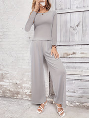 Solid Two piece Set Slim Long Sleeve Crew Neck T shirt & Wide Leg Pants