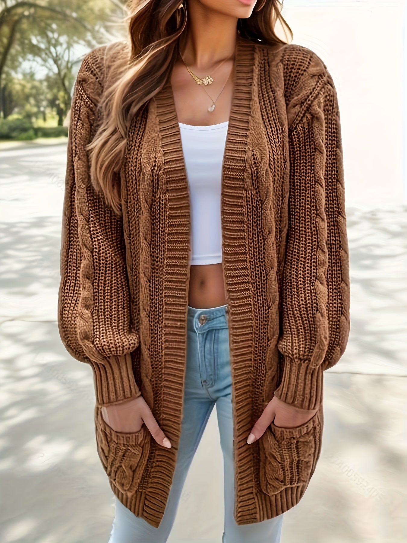 Ribbed Knit Open Front Cardigan with Pockets