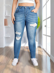 Women's Plus Stretch High Rise Button Fly Fringe Skinny Jeans
