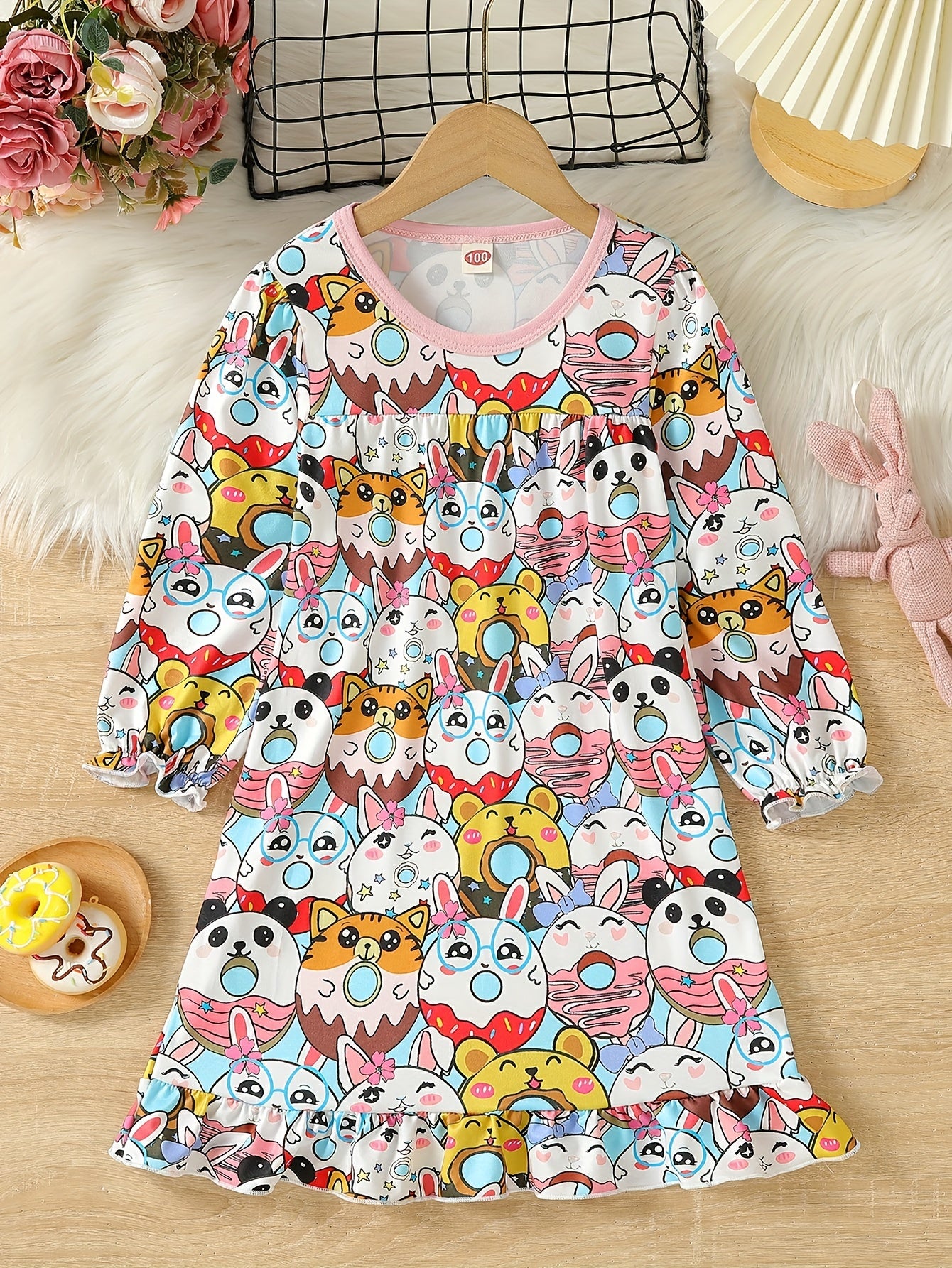 Girl's Dancing Girl Print Pajama Nightdress Round Neck Long Sleeve Dress