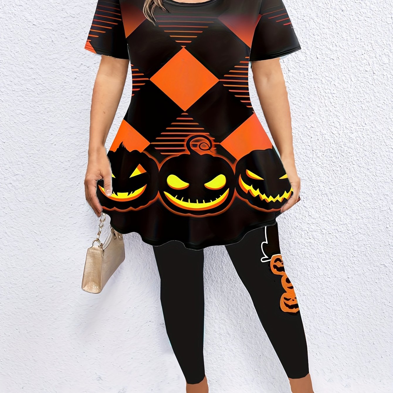 Gothic Halloween Outfit Set Women's Pumpkin & Geo Print Top & Leggings