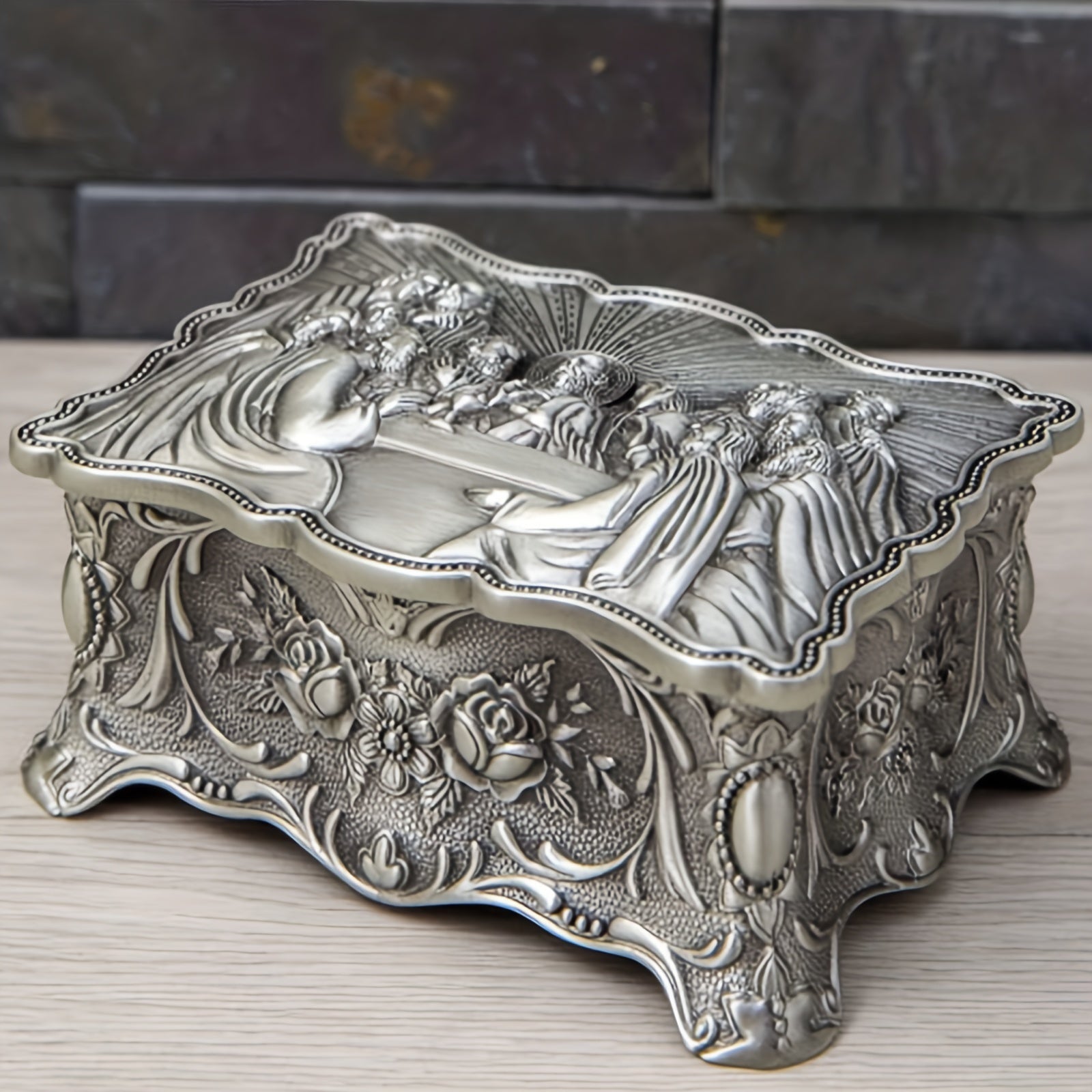 Vintage Jewelry Box Antique Silvery Trinket Box Rectangular Treasure Chest